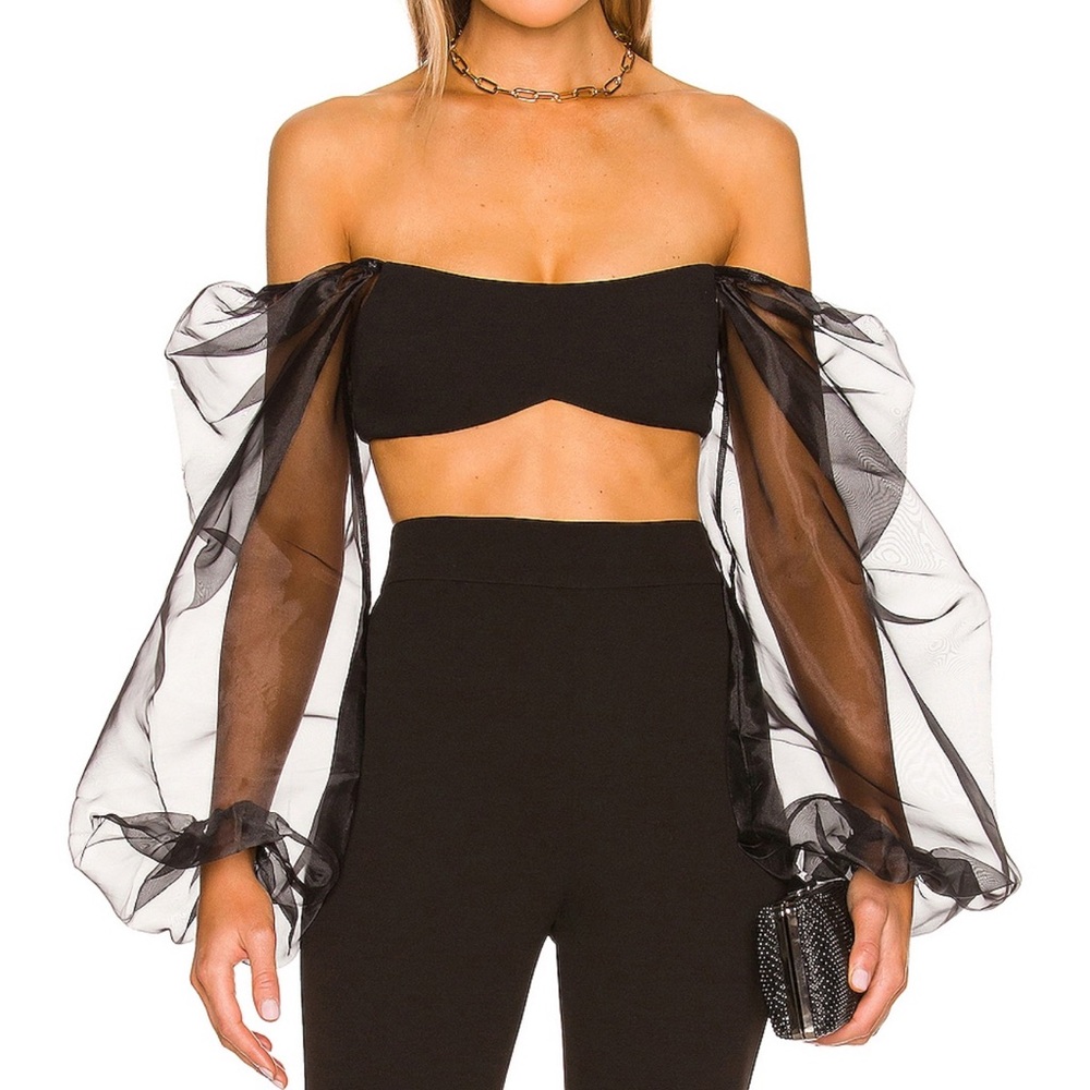 Nookie Black Off-Shoulder Sheer Balloon Sleeve Crop Top